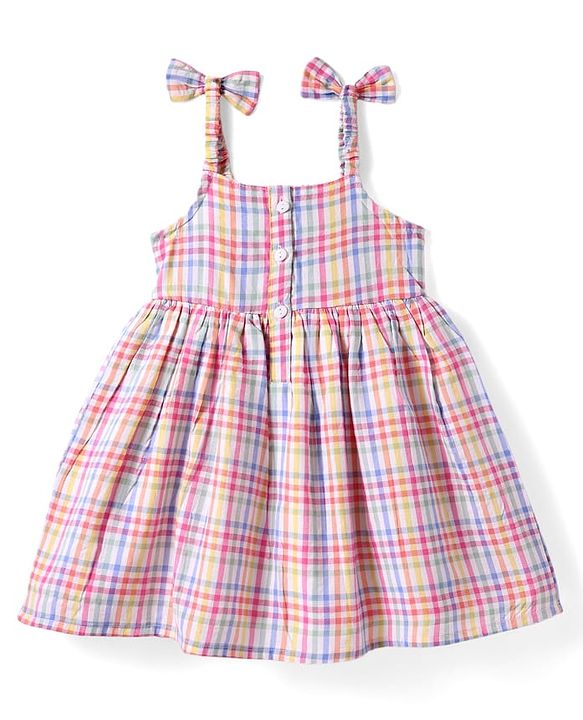 Babyhug Seersucker Woven Sleeveless Checks Frock With Headband - Multicolor