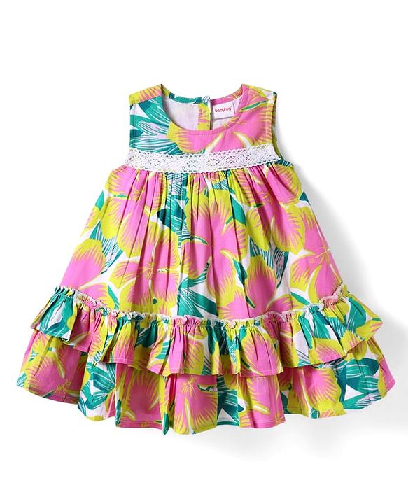 Babyhug Rayon Woven Sleeveless Floral Printed Frock With Lace Detailing & Headband - Multicolor