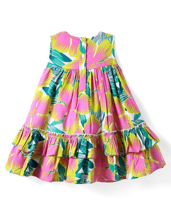Babyhug Rayon Woven Sleeveless Floral Printed Frock With Lace Detailing & Headband - Multicolor