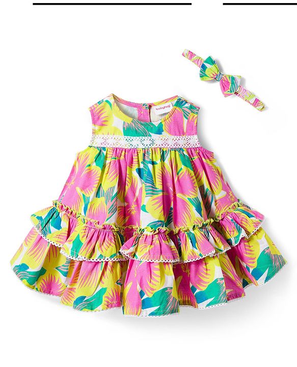 Babyhug Rayon Woven Sleeveless Floral Printed Frock With Lace Detailing & Headband - Multicolor