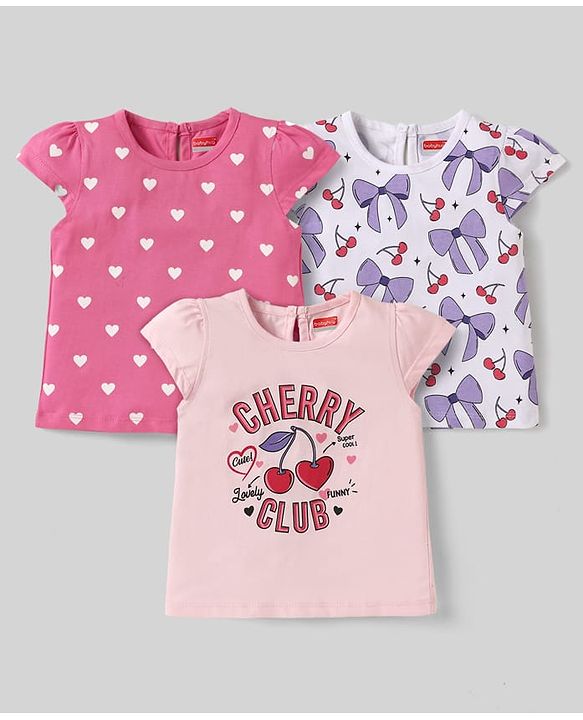 Babyhug Cotton Knit Cap Sleeves T-Shirts with Hearts Cherry & Bow Print Pack of 3 - Pink & White