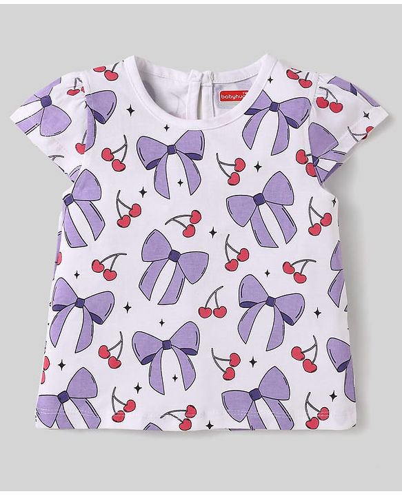 Babyhug Cotton Knit Cap Sleeves T-Shirts with Hearts Cherry & Bow Print Pack of 3 - Pink & White