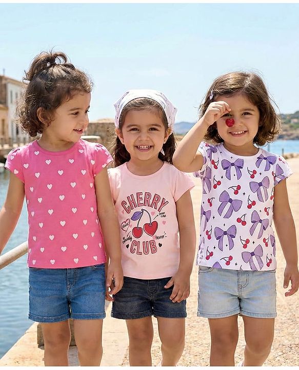 Babyhug Cotton Knit Cap Sleeves T-Shirts with Hearts Cherry & Bow Print Pack of 3 - Pink & White