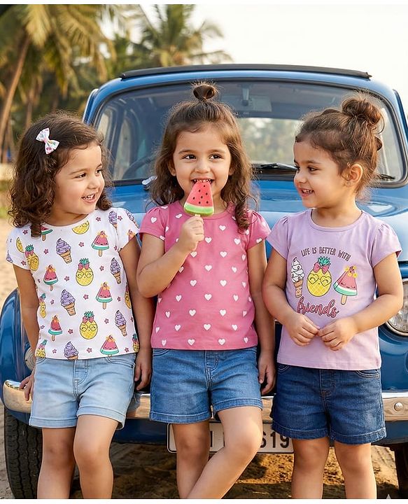 Babyhug Cotton Knit Half Sleeves T-Shirts With Ice-Cream & Heart Pack Of 3 - White Pink & Mauve