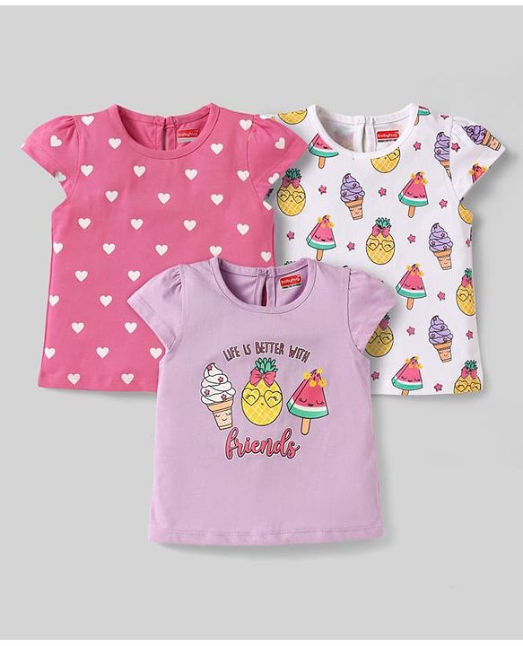 Babyhug Cotton Knit Half Sleeves T-Shirts With Ice-Cream & Heart Pack Of 3 - White Pink & Mauve