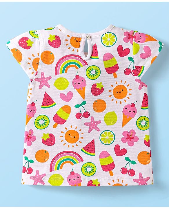 Babyhug Cotton Knit Cap Sleeves T-Shirts with Hearts & Tropical Theme Print Pack of 3 - Pink Light Green & White
