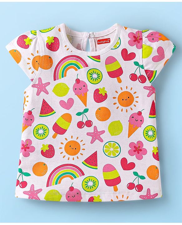 Babyhug Cotton Knit Cap Sleeves T-Shirts with Hearts & Tropical Theme Print Pack of 3 - Pink Light Green & White