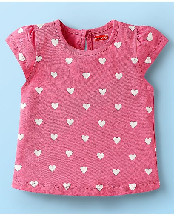 Babyhug Cotton Knit Cap Sleeves T-Shirts with Hearts & Tropical Theme Print Pack of 3 - Pink Light Green & White