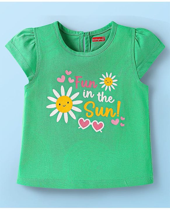 Babyhug Cotton Knit Cap Sleeves T-Shirts with Hearts & Tropical Theme Print Pack of 3 - Pink Light Green & White