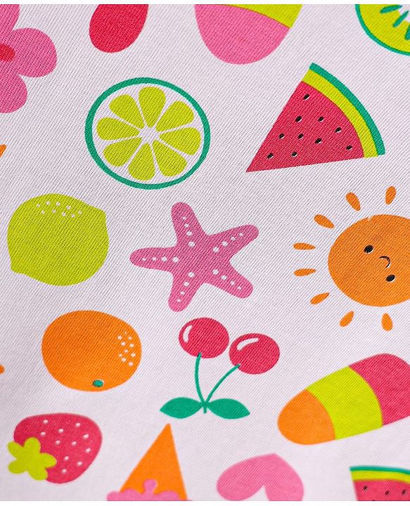 Babyhug Cotton Knit Cap Sleeves T-Shirts with Hearts & Tropical Theme Print Pack of 3 - Pink Light Green & White