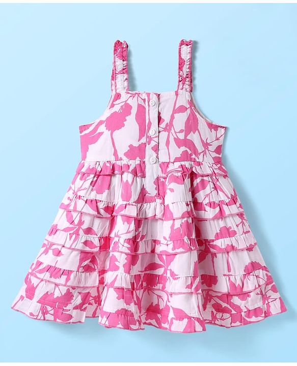 Babyhug Rayon Woven Sleeveless Dress With Floral Print - White & Dark Pink