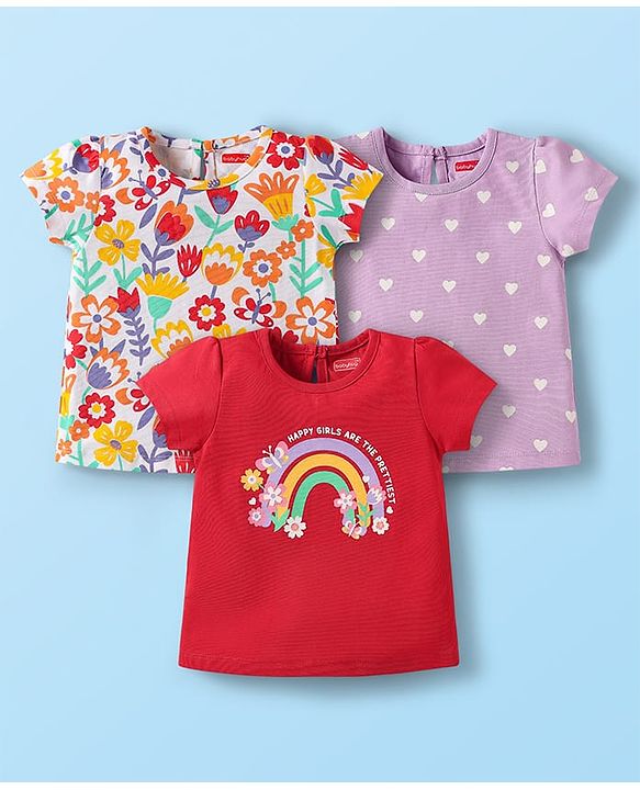 Babyhug Cotton Knit Half Sleeves T-Shirts with Floral Hearts & Rainbow Print Pack of 3 - Red White & Lavender