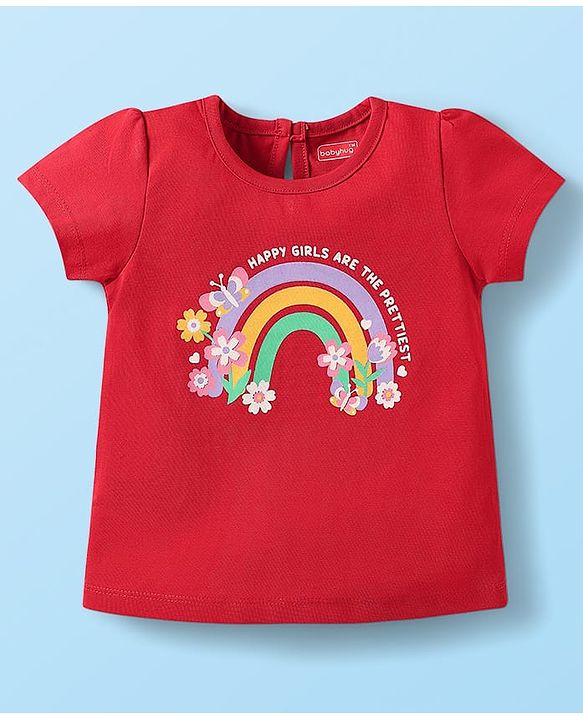 Babyhug Cotton Knit Half Sleeves T-Shirts with Floral Hearts & Rainbow Print Pack of 3 - Red White & Lavender