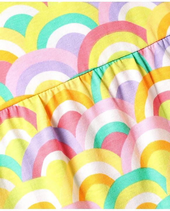 Babyhug Single Jersey Knit Sleeveless Tiered Frock with Rainbow Print & Bow Applique - Yellow