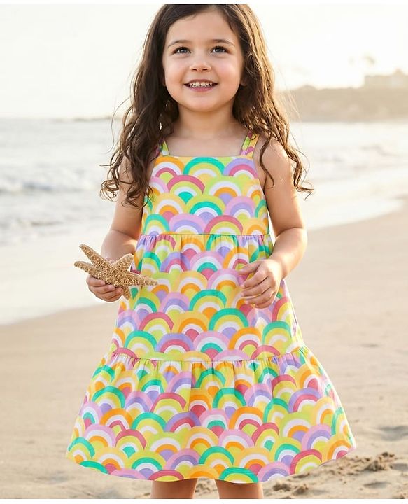 Babyhug Single Jersey Knit Sleeveless Tiered Frock with Rainbow Print & Bow Applique - Yellow
