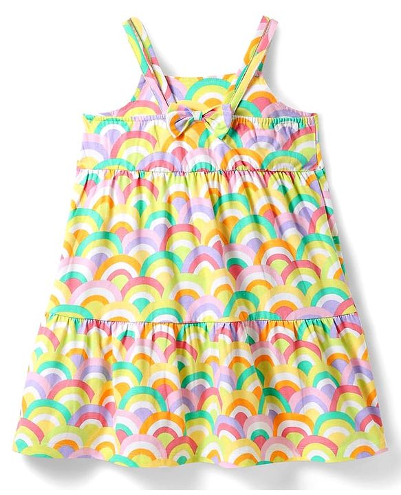 Babyhug Single Jersey Knit Sleeveless Tiered Frock with Rainbow Print & Bow Applique - Yellow