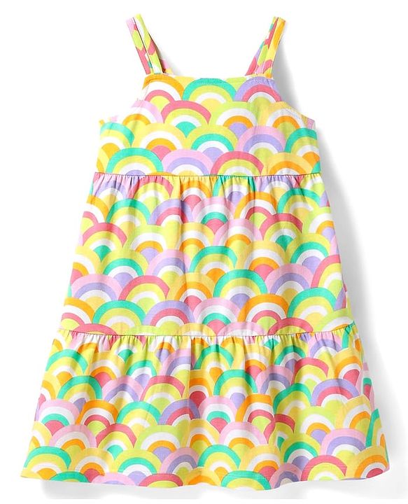 Babyhug Single Jersey Knit Sleeveless Tiered Frock with Rainbow Print & Bow Applique - Yellow
