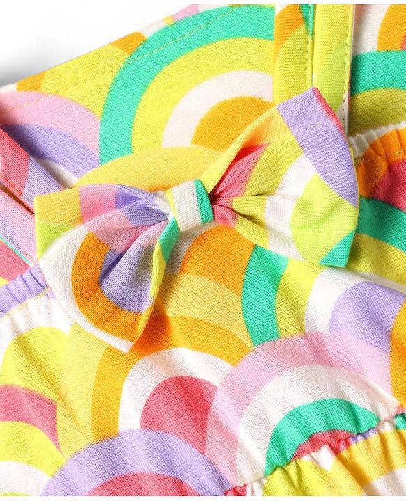 Babyhug Single Jersey Knit Sleeveless Tiered Frock with Rainbow Print & Bow Applique - Yellow
