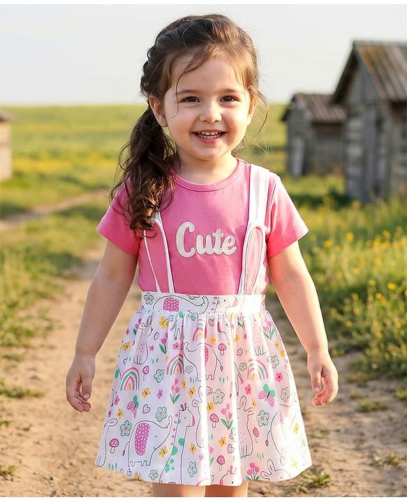 Babyhug Single Jersey Knit Half Sleeves Top & Skirt With Floral Print - Pink