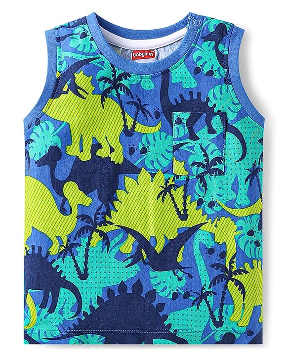 Babyhug Terry Knit Sleeveless Tank T-Shirt & Shorts Set Dino Print- Blue