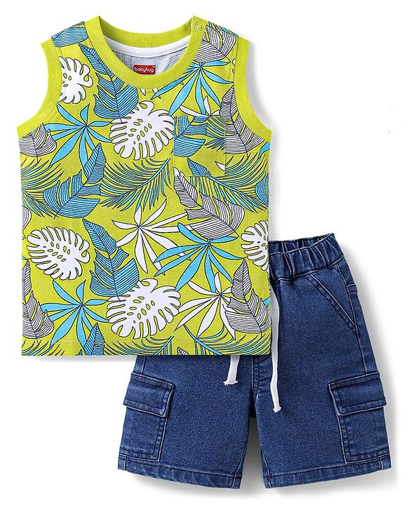 Babyhug Single Jersey Knit Sleeveless Leaves Printed Tank T-Shirt & Shorts Set - Navy Blue & Limegreen