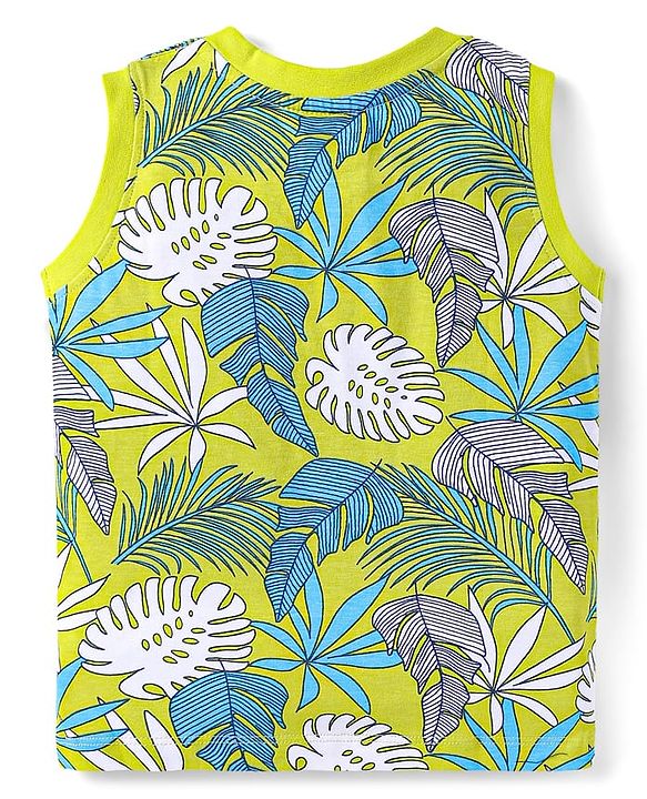 Babyhug Single Jersey Knit Sleeveless Leaves Printed Tank T-Shirt & Shorts Set - Navy Blue & Limegreen