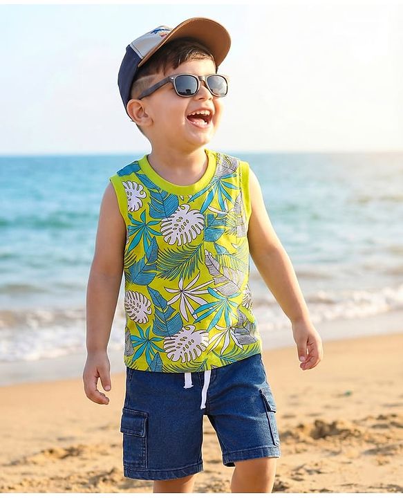 Babyhug Single Jersey Knit Sleeveless Leaves Printed Tank T-Shirt & Shorts Set - Navy Blue & Limegreen