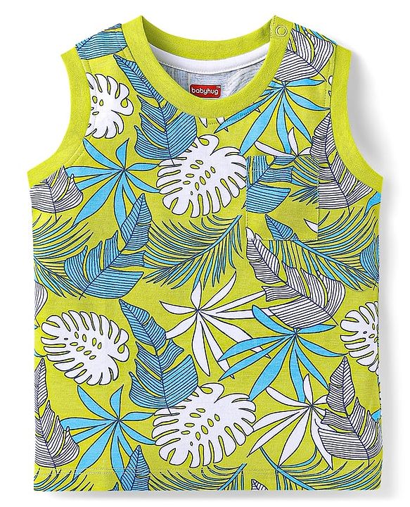 Babyhug Single Jersey Knit Sleeveless Leaves Printed Tank T-Shirt & Shorts Set - Navy Blue & Limegreen