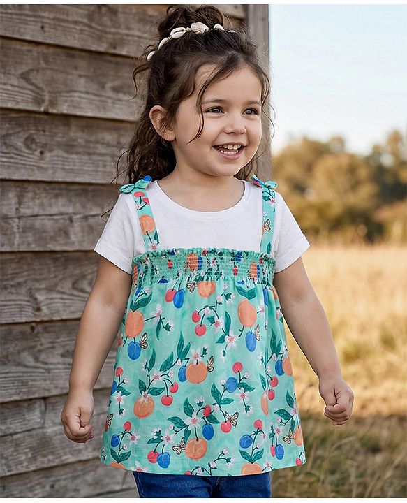 Babyhug Poplin Woven Half Sleeves Top With Floral Print & Bow Applique - Light Blue & White