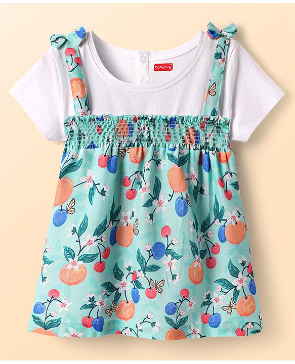 Babyhug Poplin Woven Half Sleeves Top With Floral Print & Bow Applique - Light Blue & White
