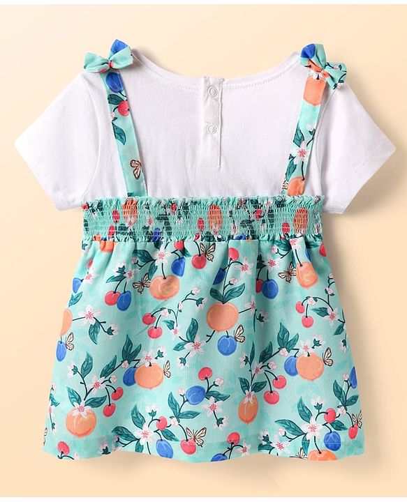 Babyhug Poplin Woven Half Sleeves Top With Floral Print & Bow Applique - Light Blue & White