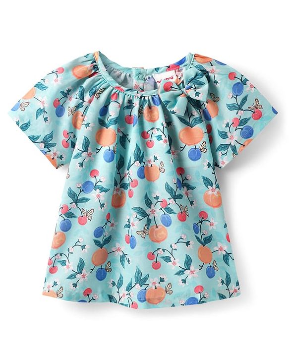 Babyhug Poplin Woven Half Sleeves Top With Floral Print & Bow Applique - Light Blue