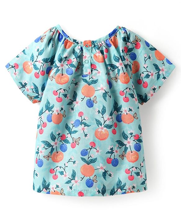 Babyhug Poplin Woven Half Sleeves Top With Floral Print & Bow Applique - Light Blue
