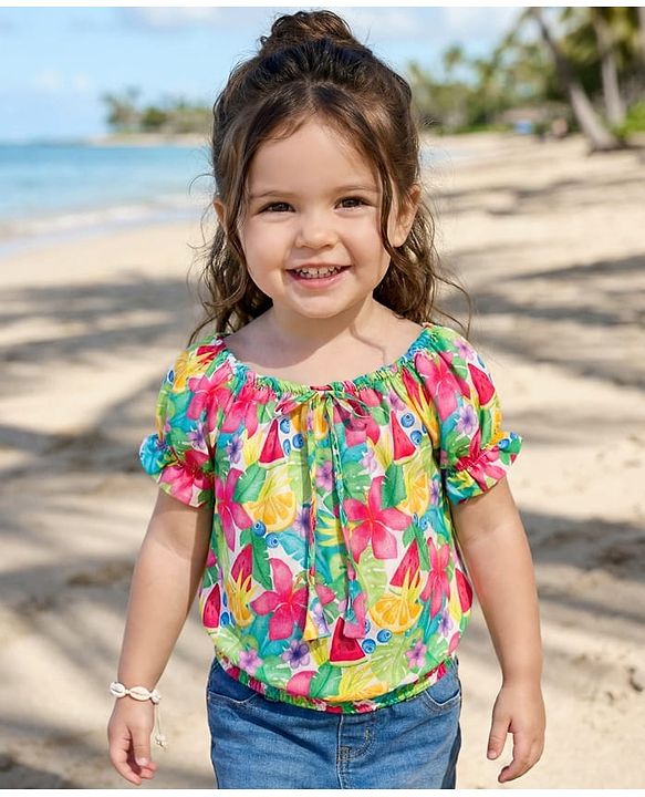 Babyhug Poplin Woven Puffed Sleeves Top With Floral Print - Green & Dark Pink