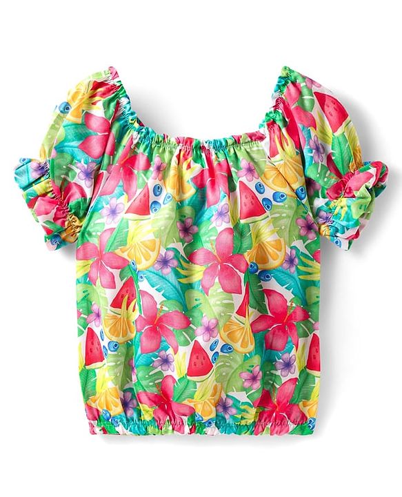 Babyhug Poplin Woven Puffed Sleeves Top With Floral Print - Green & Dark Pink