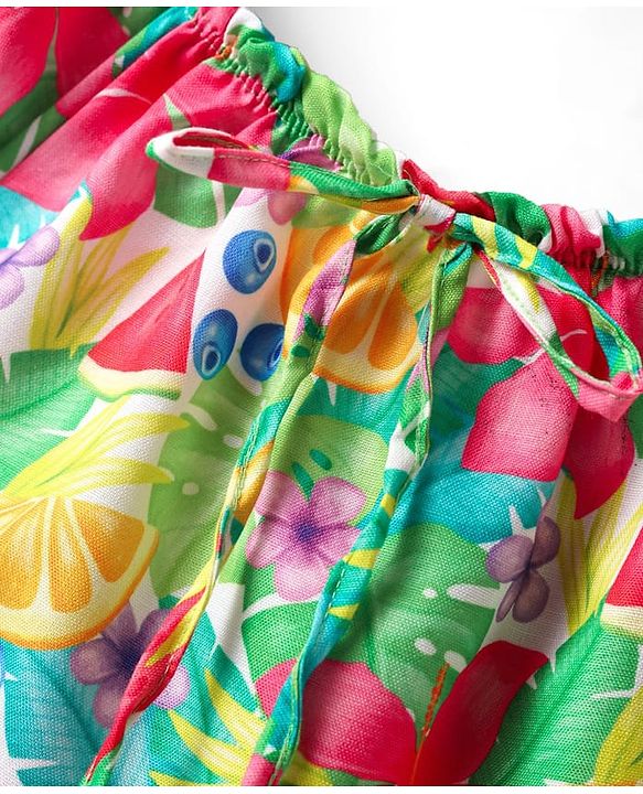 Babyhug Poplin Woven Puffed Sleeves Top With Floral Print - Green & Dark Pink
