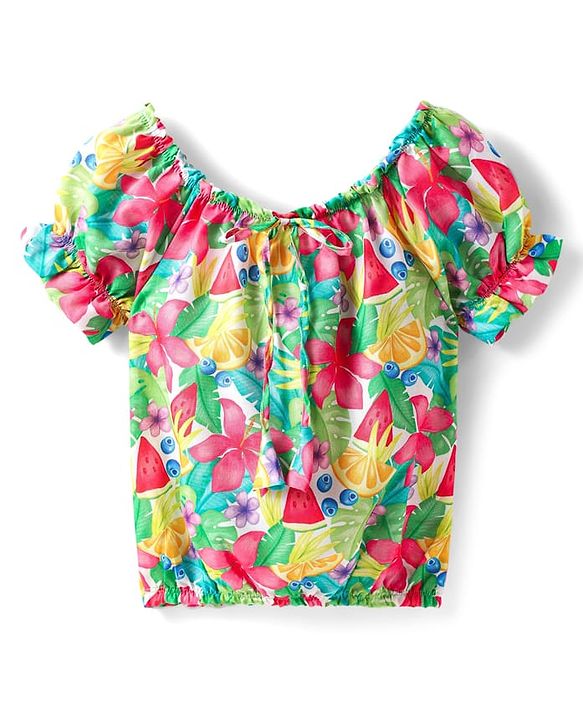 Babyhug Poplin Woven Puffed Sleeves Top With Floral Print - Green & Dark Pink