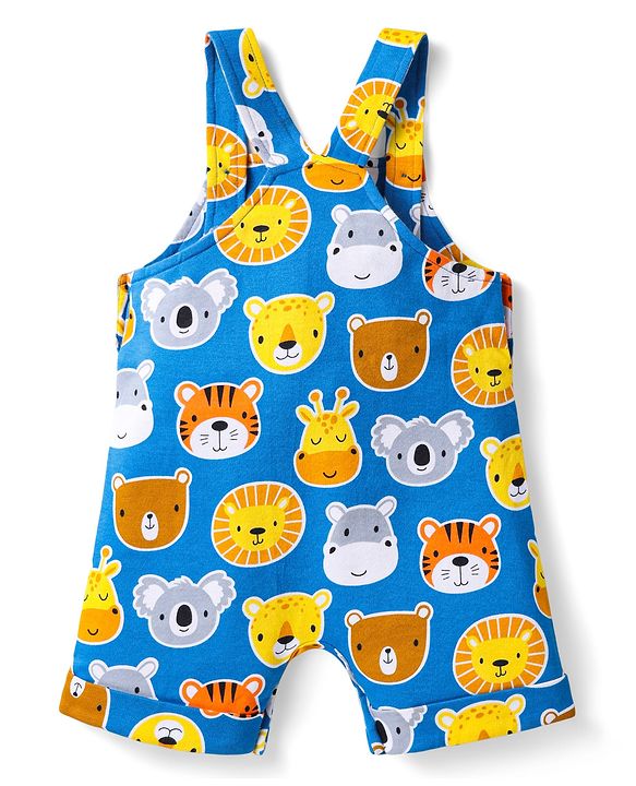 Babyhug Single Jersey Knit Half Sleeves T-Shirt & Dungaree with Animal Print - Yellow & Blue