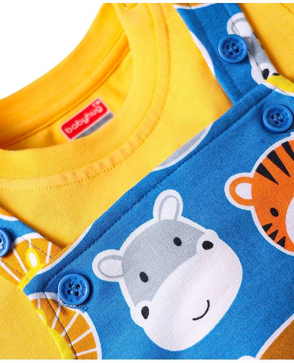 Babyhug Single Jersey Knit Half Sleeves T-Shirt & Dungaree with Animal Print - Yellow & Blue