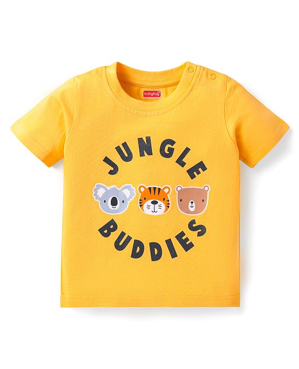 Babyhug Single Jersey Knit Half Sleeves T-Shirt & Dungaree with Animal Print - Yellow & Blue