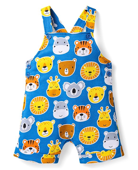 Babyhug Single Jersey Knit Half Sleeves T-Shirt & Dungaree with Animal Print - Yellow & Blue