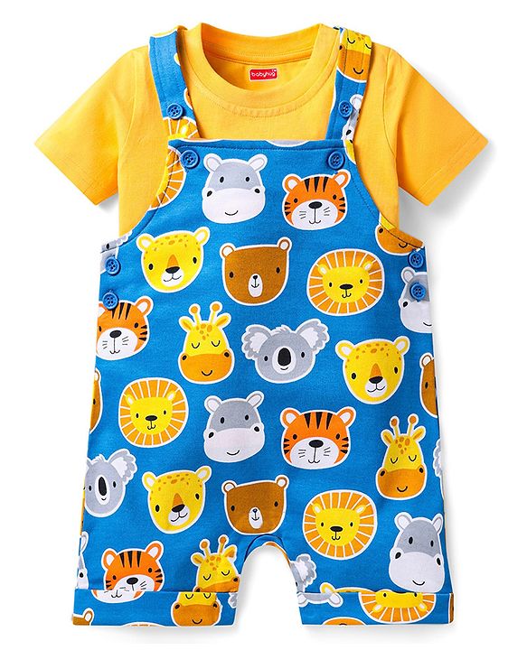 Babyhug Single Jersey Knit Half Sleeves T-Shirt & Dungaree with Animal Print - Yellow & Blue