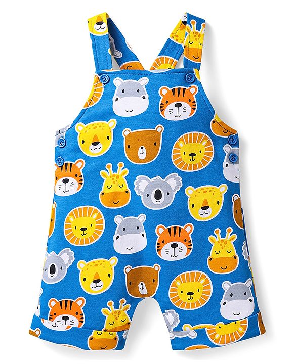Babyhug Single Jersey Knit Half Sleeves T-Shirt & Dungaree with Animal Print - Yellow & Blue