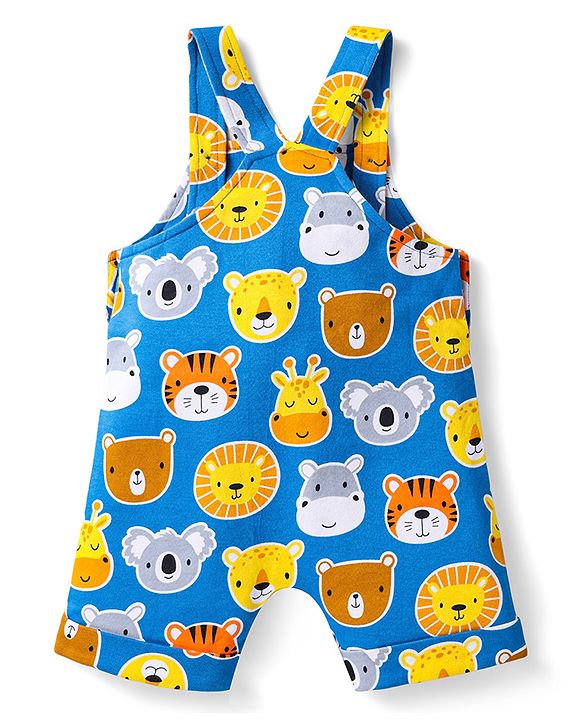 Babyhug Single Jersey Knit Half Sleeves T-Shirt & Dungaree with Animal Print - Yellow & Blue