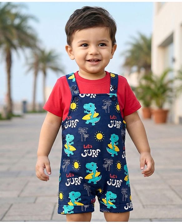 Babyhug Single Jersey Knit Beach Theme Printed Dungaree with Half Sleeves Inner Tee - Red & Navy Blue
