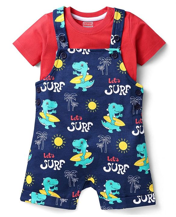 Babyhug Single Jersey Knit Beach Theme Printed Dungaree with Half Sleeves Inner Tee - Red & Navy Blue