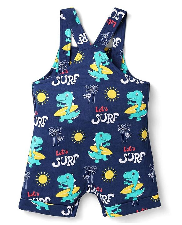 Babyhug Single Jersey Knit Beach Theme Printed Dungaree with Half Sleeves Inner Tee - Red & Navy Blue