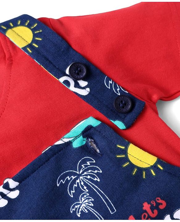 Babyhug Single Jersey Knit Beach Theme Printed Dungaree with Half Sleeves Inner Tee - Red & Navy Blue