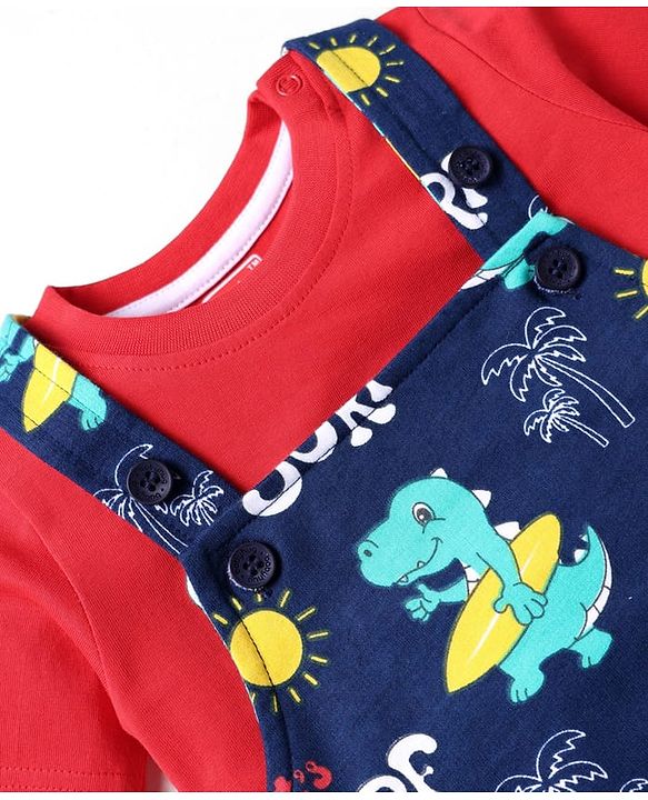Babyhug Single Jersey Knit Beach Theme Printed Dungaree with Half Sleeves Inner Tee - Red & Navy Blue