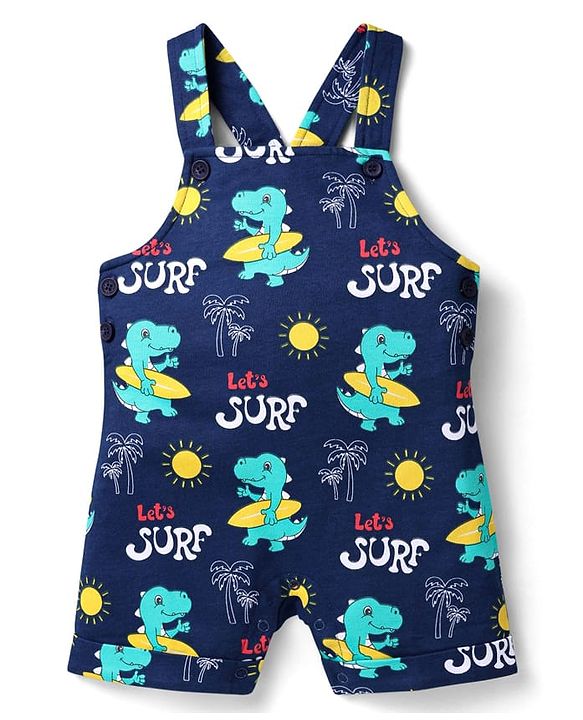 Babyhug Single Jersey Knit Beach Theme Printed Dungaree with Half Sleeves Inner Tee - Red & Navy Blue